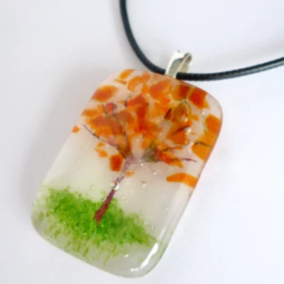 Autumn Tree Fused Glass Pendant Necklace with copper wire detail and black cord necklace