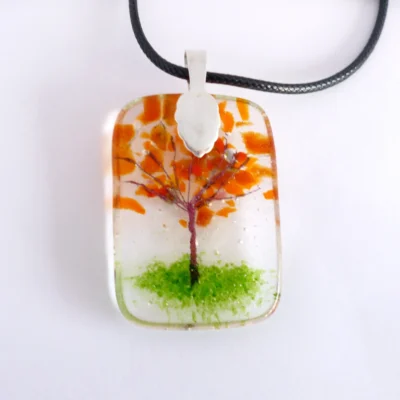Back of Autumn Tree Fused Glass Pendant Necklace with sterling silver bail