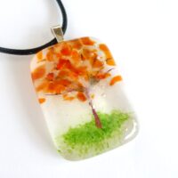 Autumn tree fused glass pendant with copper tree