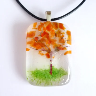 Rectangle fused glass autumn tree pendant necklace with black cord necklace