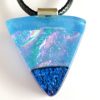 Handmade triangle shaped blue dichroic glass pendant