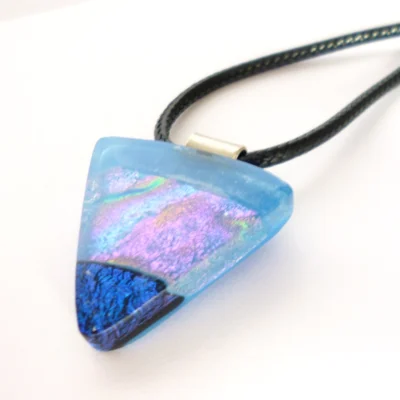 Handmade triangle shaped blue dichroic glass pendant with cord necklace