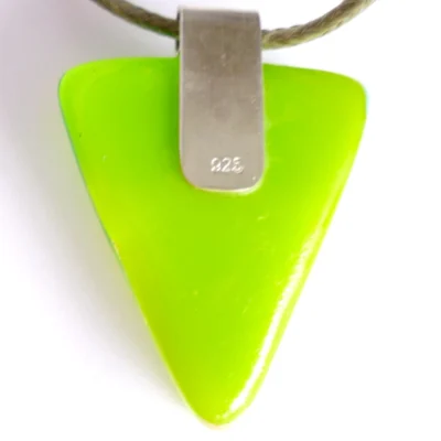 Sterling silver bail on triangle shaped green fused glass pendant
