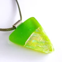 Green dichroic glass triangular pendant necklace on olive cord