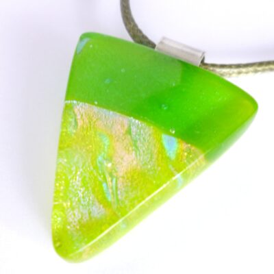 Green fused glass pendant with dichroic glass giving sparkle