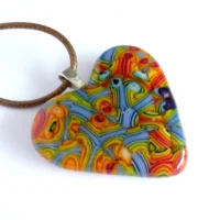 Colourful fused glass heart shaped pendant necklace on cord