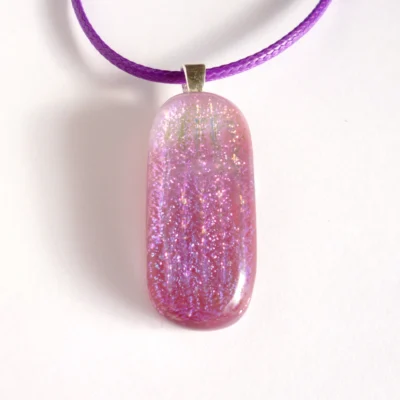 Pink purple glass pendant necklace with dichroic stripes