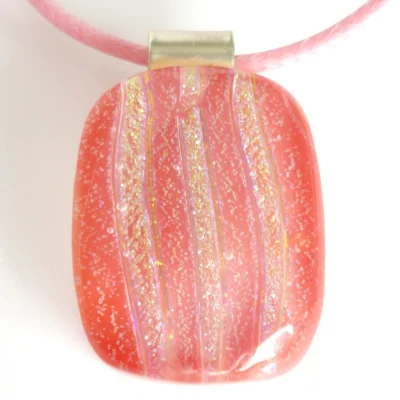 Close up of pink stripe dichroic glass pendant