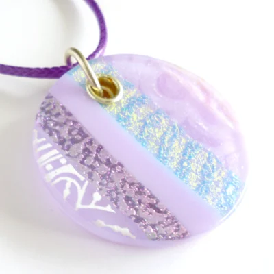 Large lilac dichroic glass pendant necklace with striped detail on purple cord
