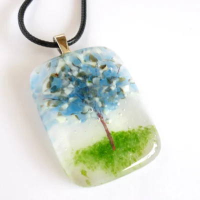 Winter tree fused glass rectangular pendant with copper wire detail