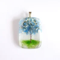 Winter tree fused glass pendant with sterling silver bail