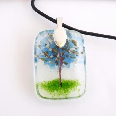 Back of winter tree fused glass pendant with sterling silver bail