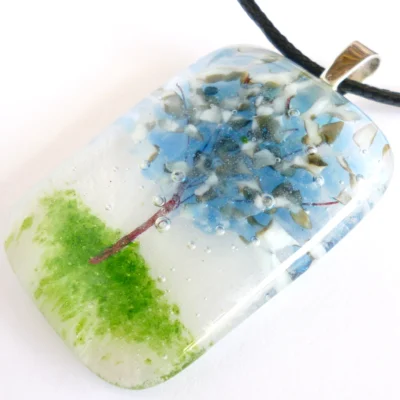 Side view and close up of large rectangle winter tree fused glass pendant necklace