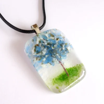 Winter tree rectangle shaped fused glass pendant with sterling silver bail and black cord necklace