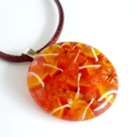 Orange Yellow round fused glass pendant with sterling silver bail and cord necklace
