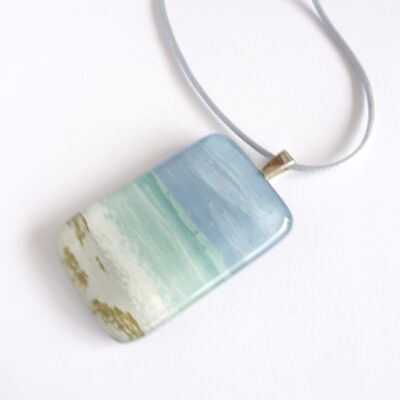 Mint & blue hand painted fused glass seascape pendant with sterling silver bail and grey cord necklace