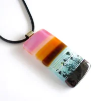 Handmade seascape fused glass pendant with sterling silver bail and black cord necklace