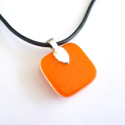 Handmade orange fused dichroic glass pendant with 925 sterling silver bail